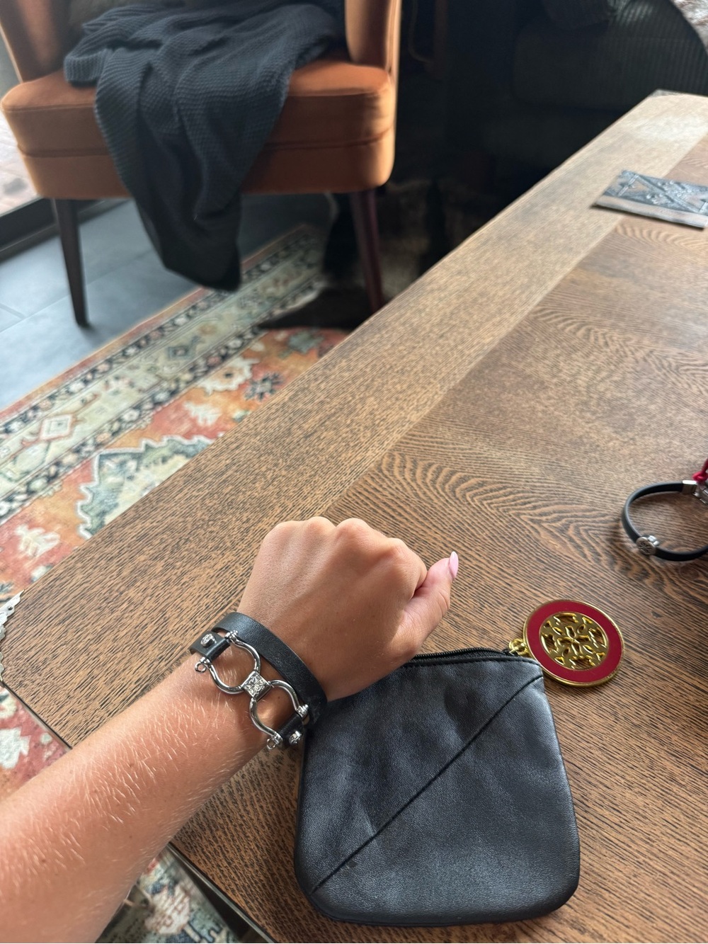 Rustic Cuff Black Leather Link Bracelet with Silver Hardware